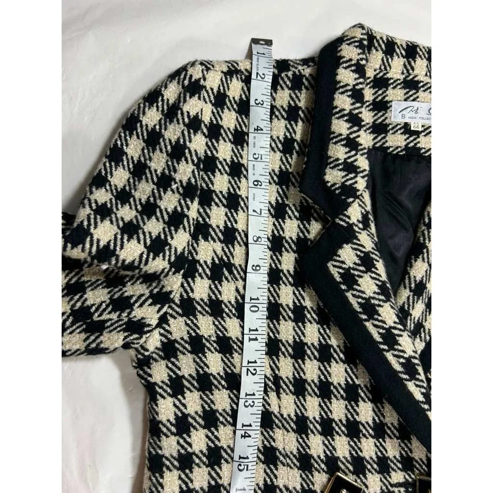 B High Collection Vintage Houndstooth Metallic Gold Button Blazer Black Cream 66